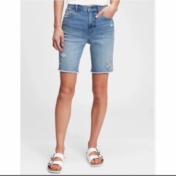GAP Pants - GAP 9" High Rise Bermuda Denim Jean Shorts Distressed Rips Women's Size 26/2R